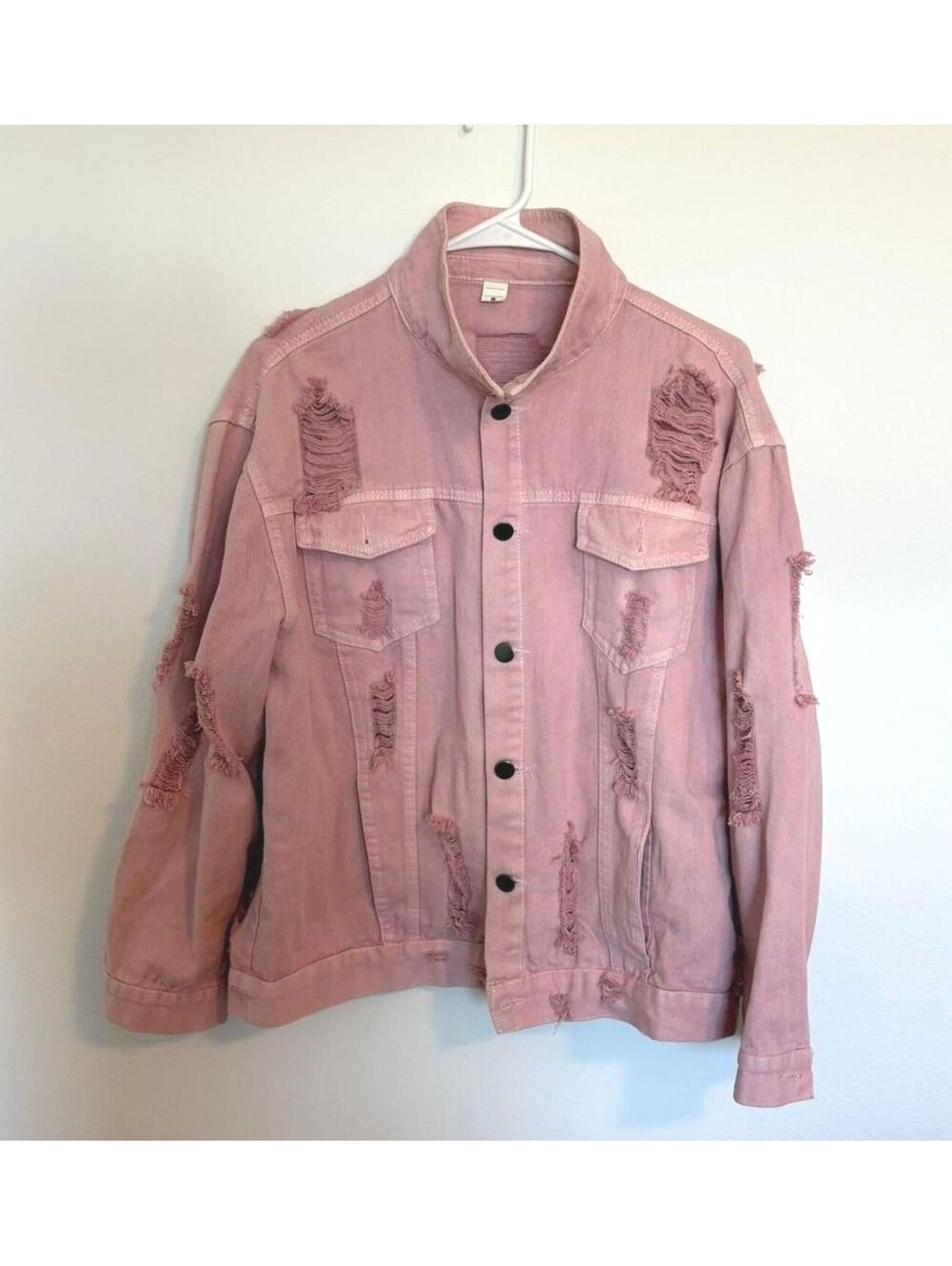 Oversized Pink Denim Jacket, Size S, Distressed, Fall Fashion Overcoat Skater